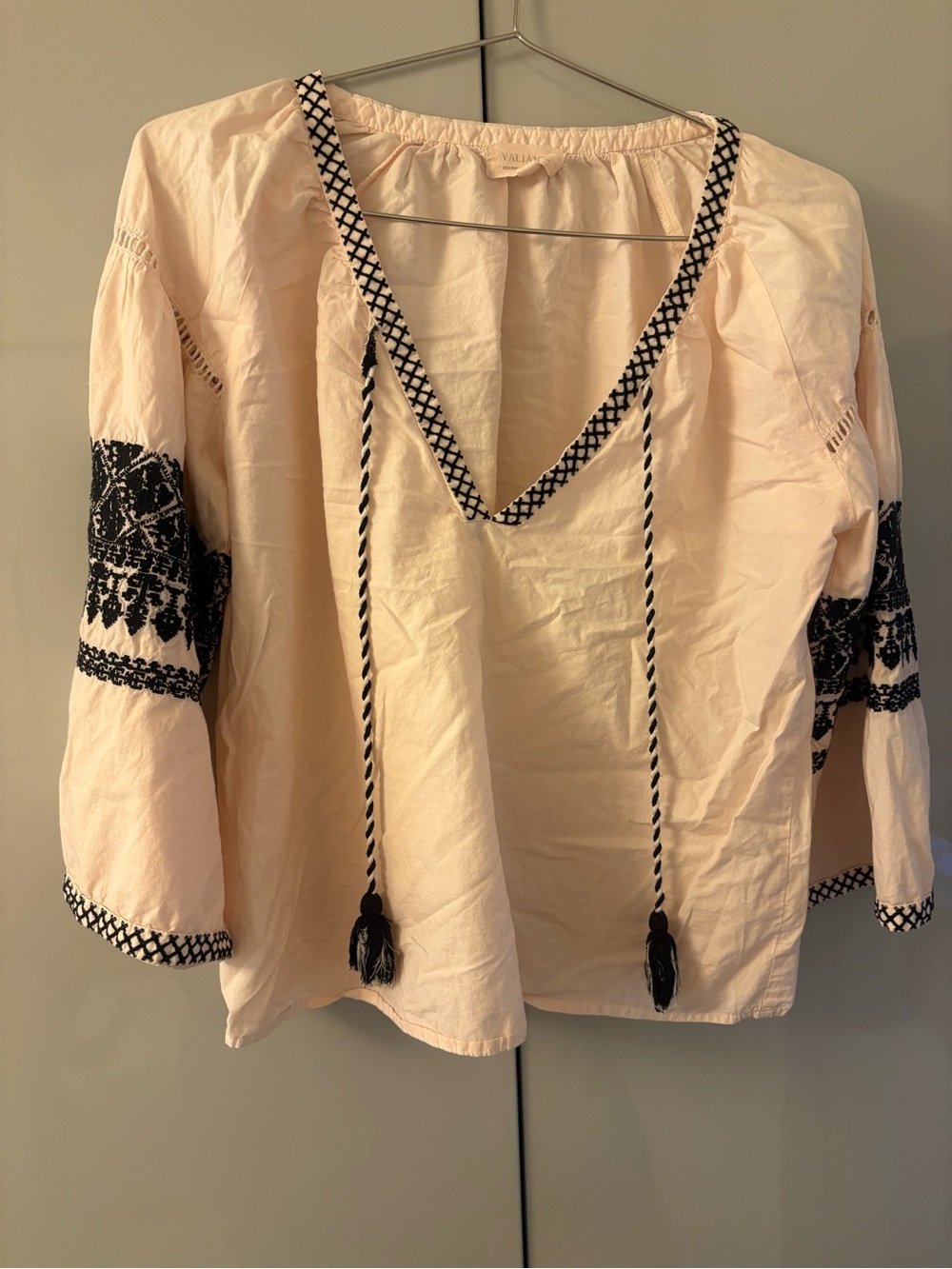 Embroidered Peasant Tunic Top - Blush with Black Trim